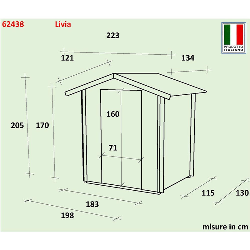Casetta in legno LIVIA Larice da 16 mm - 198x130 cm  - porta singola cieca + finestra