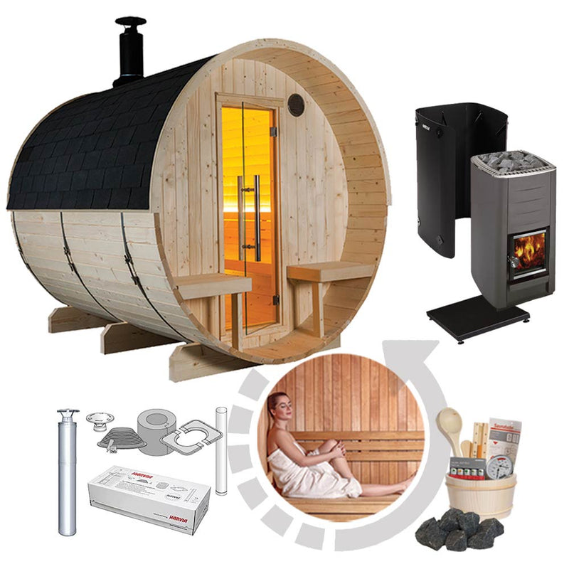 Sauna a botte in legno con terrazzino 240 cm - stufa inclusa - KUUSI