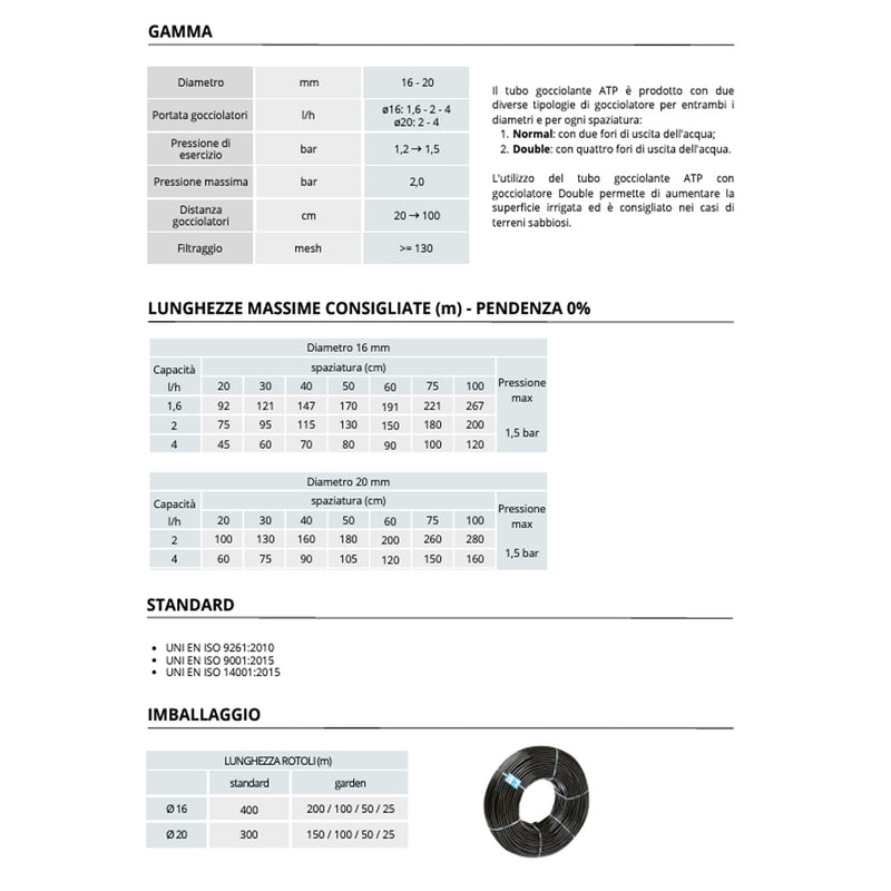 Ala gocciolante irrigazione da 16mm - tubo irrigazione forato - Passo 20/30/40 cm