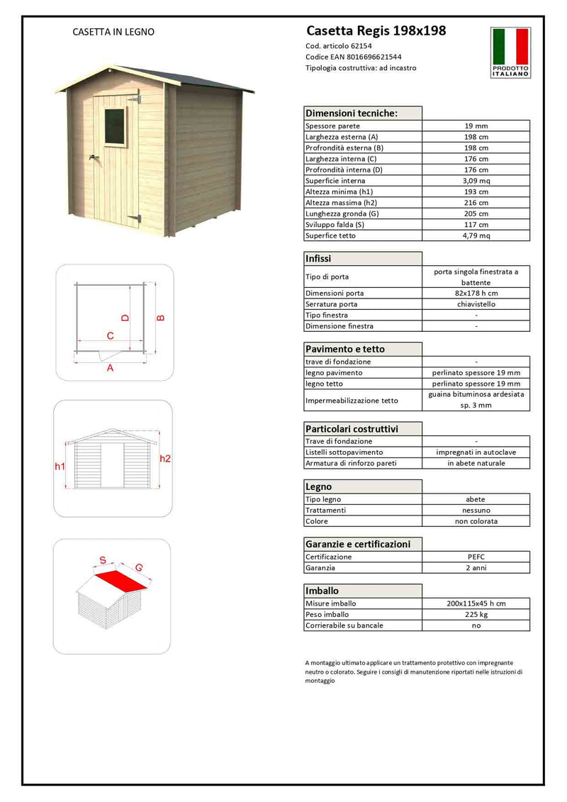 Casetta da giardino in legno di abete grezzo REGIS - 19 mm - 198x198x217 cm