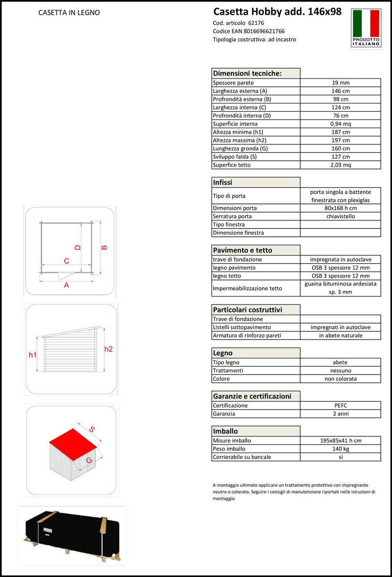 Casetta in legno HOBBY da 19 mm - porta singola finestrata - 146x98x197cm