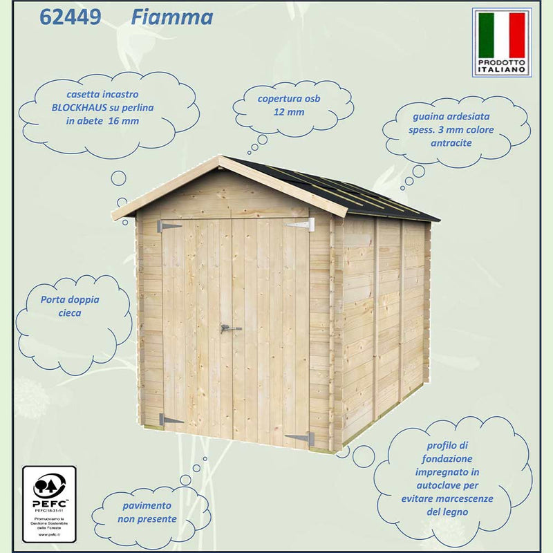 Casetta da giardino in legno FIAMMA - da 16 mm - 178x273x226h cm - porta doppia CIECA
