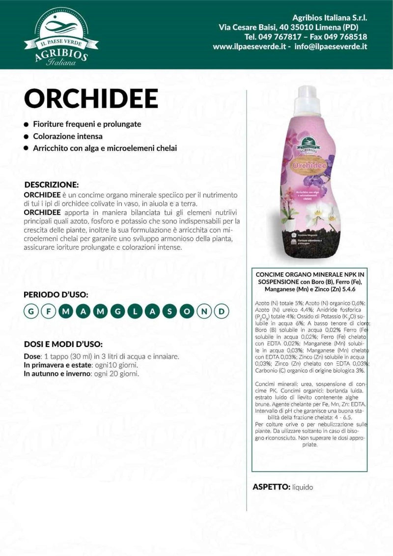 Concime Liquido Orchidee, da 330 ml, con Microelementi Chelati per Fioriture Prolungate| ORCHIDEE Agribios - OpenGardenWeb: Shopping Online per Casa, Giardino e Fai da Te-Agribios