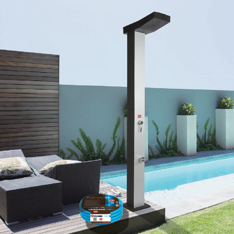 Doccia solare da giardino - 40 litri - con soffione a cascata e lavapiedi + Tubo 25 metri + Raccordi | Deluxe