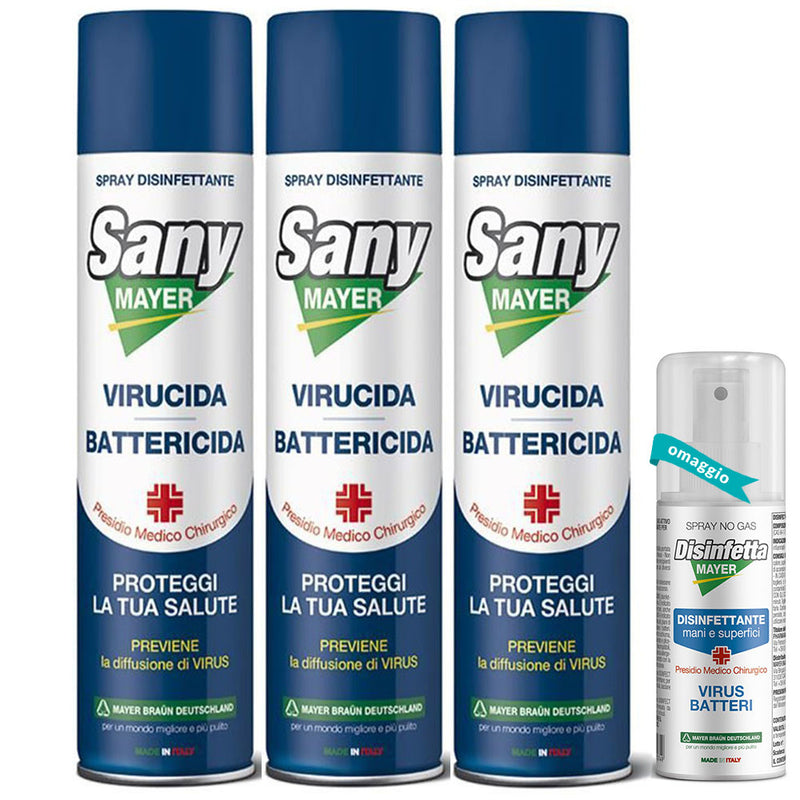 Sanymayer, Set 3 Pezzi+1 Disinfetta Mayer Mani e Superfici| Set Spray Igienizzante Virucida Battericida Funghicida Completo| OPENGARDENWEB_